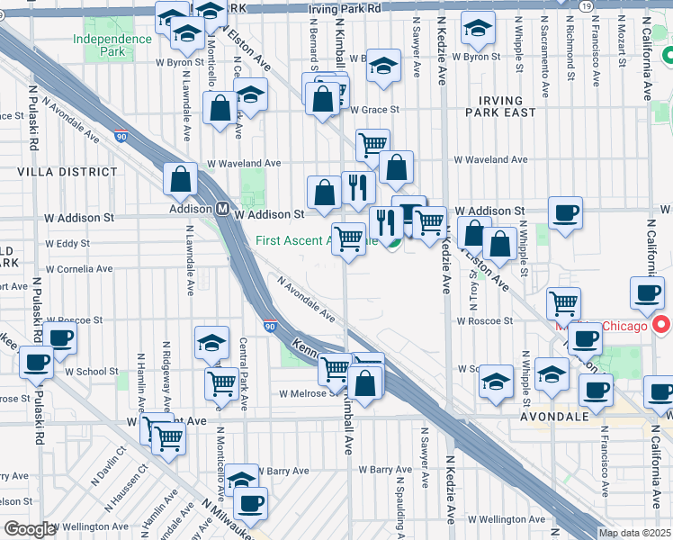 map of restaurants, bars, coffee shops, grocery stores, and more near 3500 North Kimball Avenue in Chicago