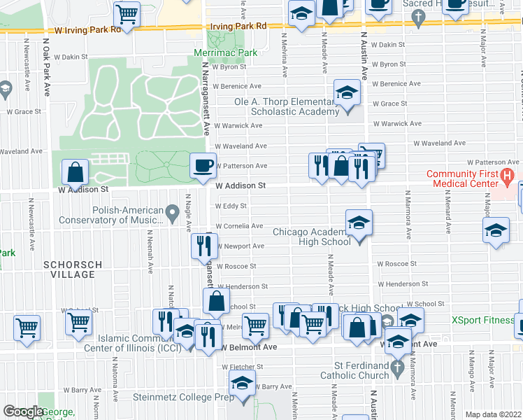 map of restaurants, bars, coffee shops, grocery stores, and more near 6245 West Eddy Street in Chicago