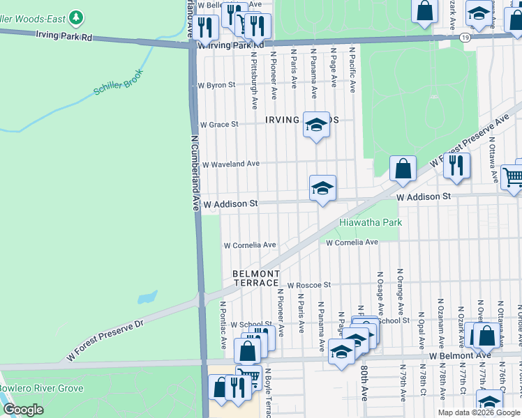 map of restaurants, bars, coffee shops, grocery stores, and more near 8225 North Pittsburgh Avenue in Chicago