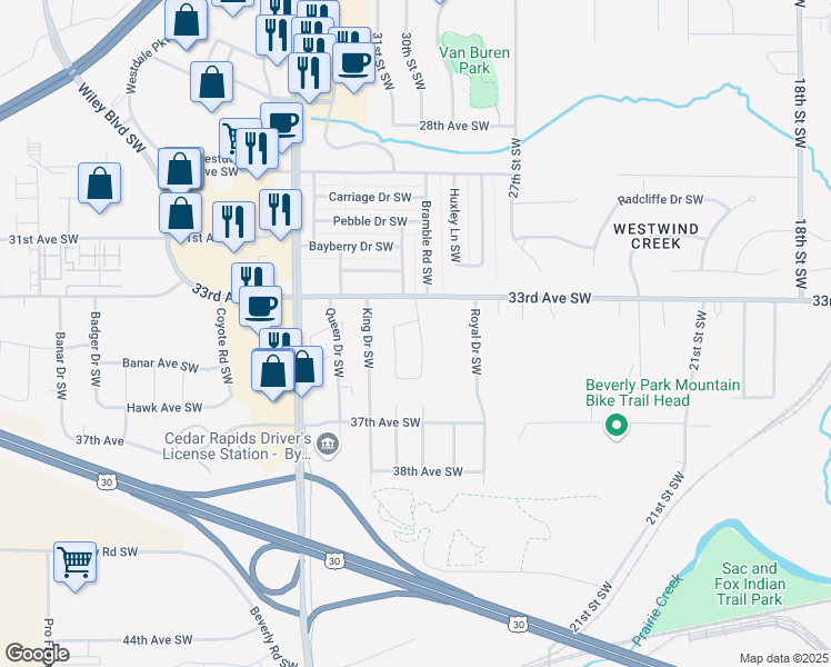 map of restaurants, bars, coffee shops, grocery stores, and more near 3406 Dunham Drive Southwest in Cedar Rapids