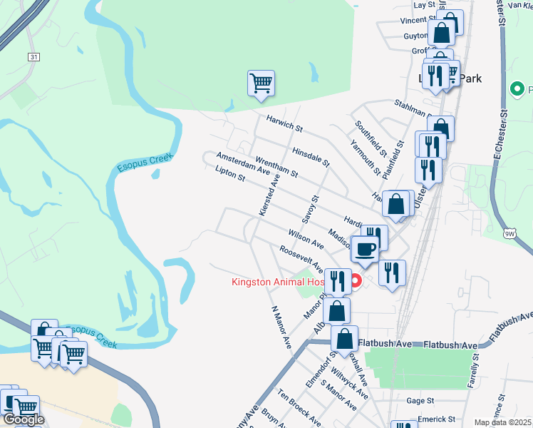 map of restaurants, bars, coffee shops, grocery stores, and more near 34 Kiersted Avenue in Kingston