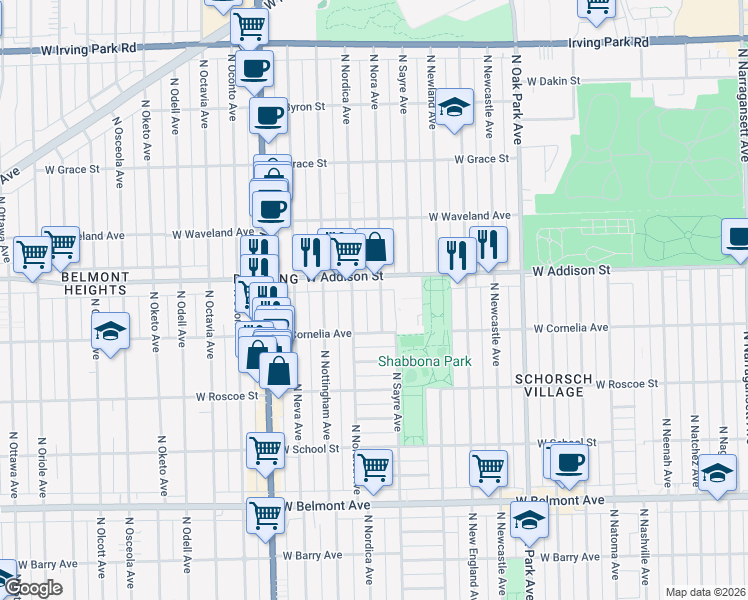 map of restaurants, bars, coffee shops, grocery stores, and more near 3536 North Nora Avenue in Chicago