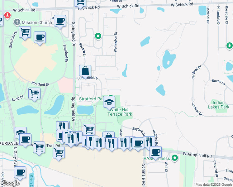 map of restaurants, bars, coffee shops, grocery stores, and more near 210 Glengarry Drive in Bloomingdale