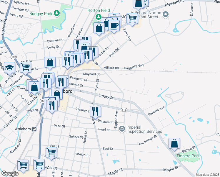 map of restaurants, bars, coffee shops, grocery stores, and more near 80 Holman Street in Attleboro