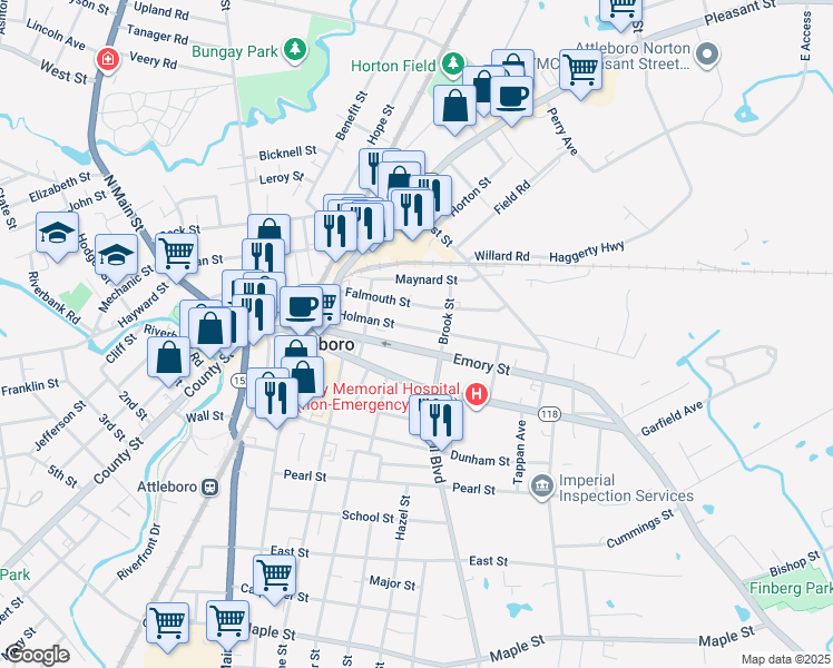 map of restaurants, bars, coffee shops, grocery stores, and more near 43 Holman Street in Attleboro