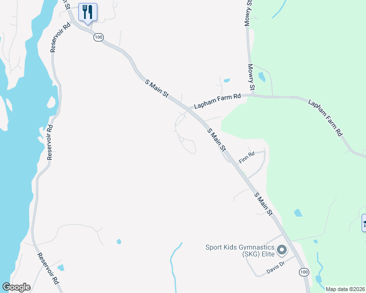map of restaurants, bars, coffee shops, grocery stores, and more near 303 Garvy Ledges Lane in Burrillville
