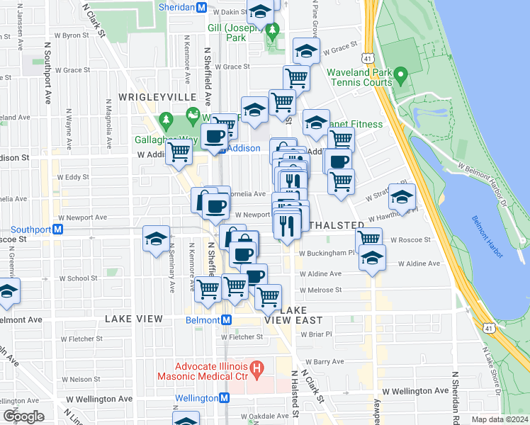 map of restaurants, bars, coffee shops, grocery stores, and more near 839 West Newport Avenue in Chicago