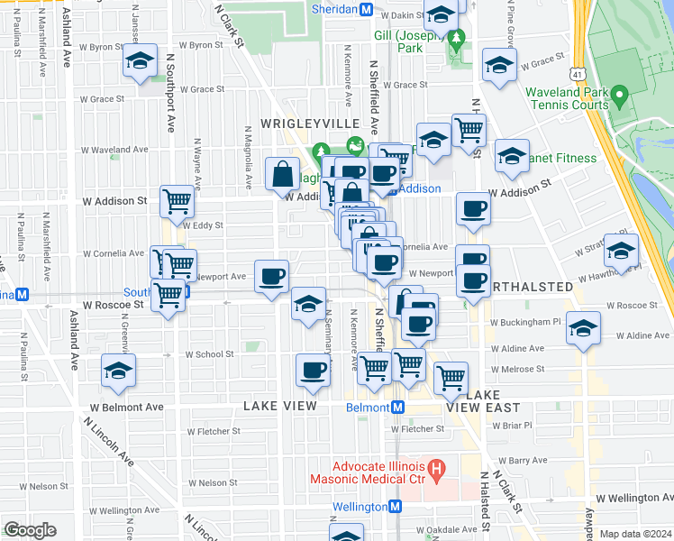 map of restaurants, bars, coffee shops, grocery stores, and more near 1030 West Newport Avenue in Chicago