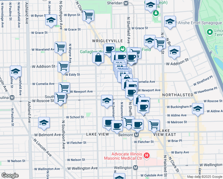 map of restaurants, bars, coffee shops, grocery stores, and more near 1108 West Newport Avenue in Chicago