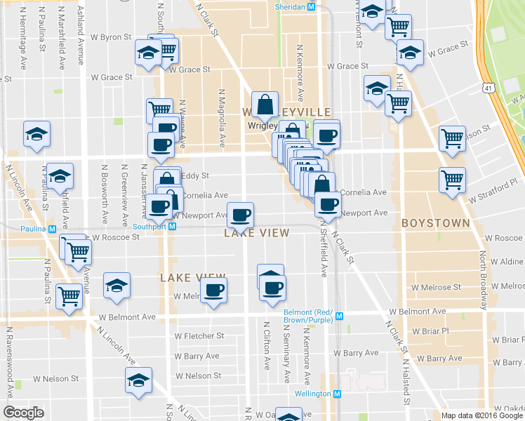 map of restaurants, bars, coffee shops, grocery stores, and more near 1150 West Newport Avenue in Chicago
