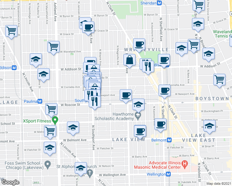 map of restaurants, bars, coffee shops, grocery stores, and more near 1220 West Newport Avenue in Chicago