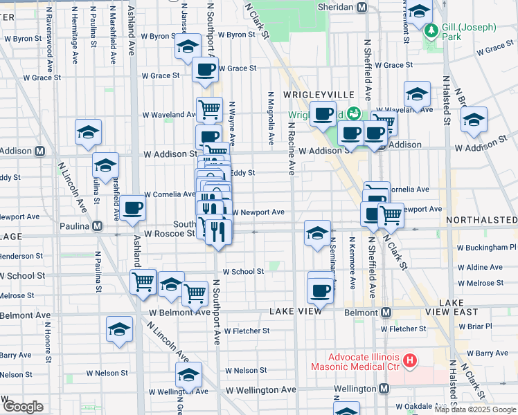 map of restaurants, bars, coffee shops, grocery stores, and more near 3433 North Lakewood Avenue in Chicago