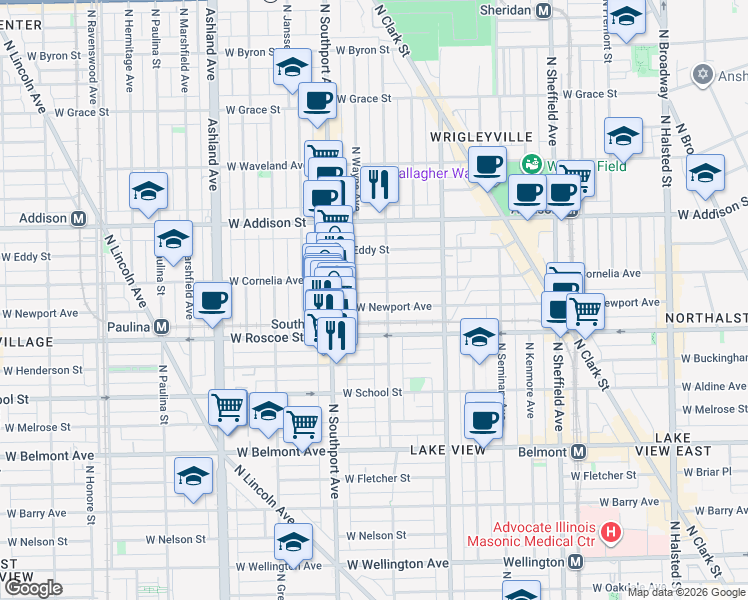 map of restaurants, bars, coffee shops, grocery stores, and more near 3433 North Lakewood Avenue in Chicago