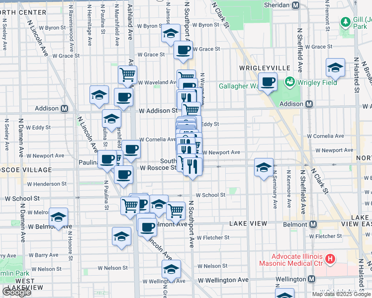 map of restaurants, bars, coffee shops, grocery stores, and more near 3434 North Southport Avenue in Chicago