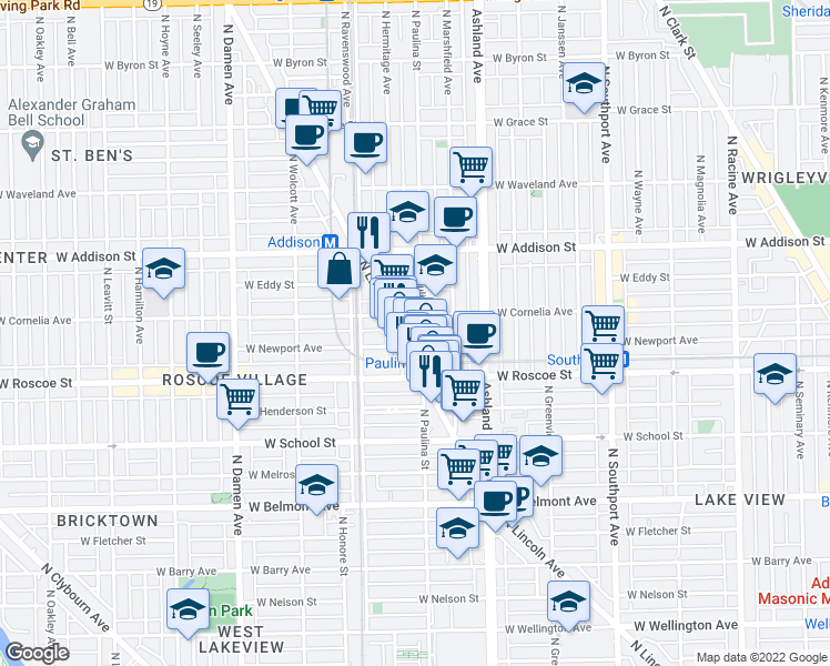 map of restaurants, bars, coffee shops, grocery stores, and more near 3441 North Lincoln Avenue in Chicago
