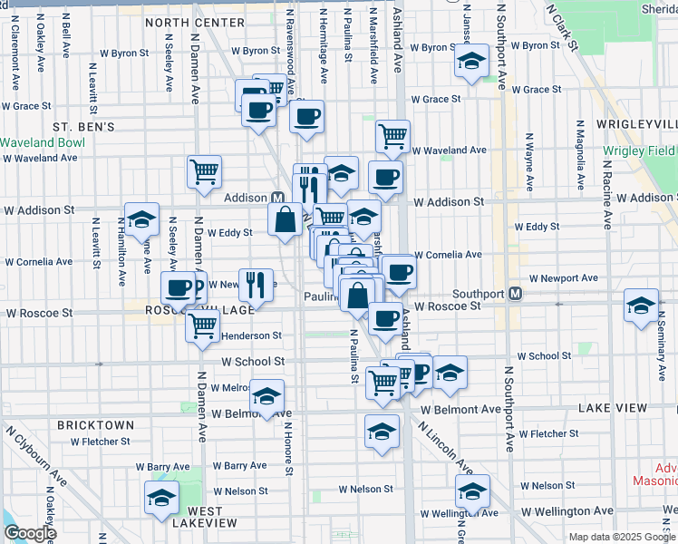 map of restaurants, bars, coffee shops, grocery stores, and more near 3441 North Lincoln Avenue in Chicago