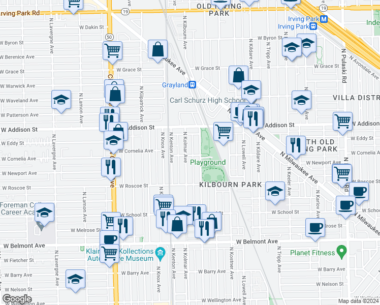 map of restaurants, bars, coffee shops, grocery stores, and more near 4540 West Cornelia Avenue in Chicago