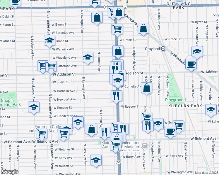 map of restaurants, bars, coffee shops, grocery stores, and more near 4834 West Cornelia Avenue in Chicago