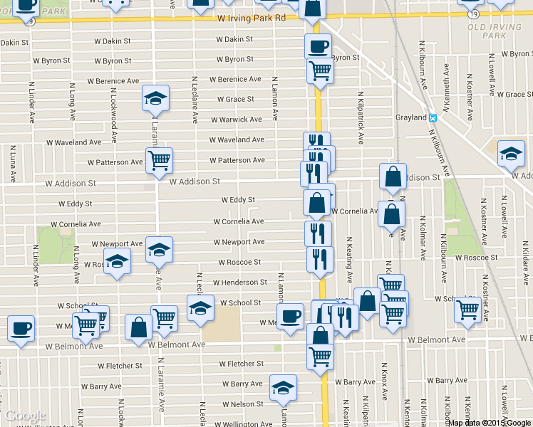 map of restaurants, bars, coffee shops, grocery stores, and more near 4906 West Cornelia Avenue in Chicago