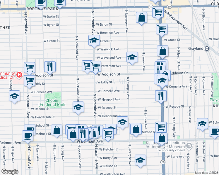 map of restaurants, bars, coffee shops, grocery stores, and more near 5062 West Cornelia Avenue in Chicago