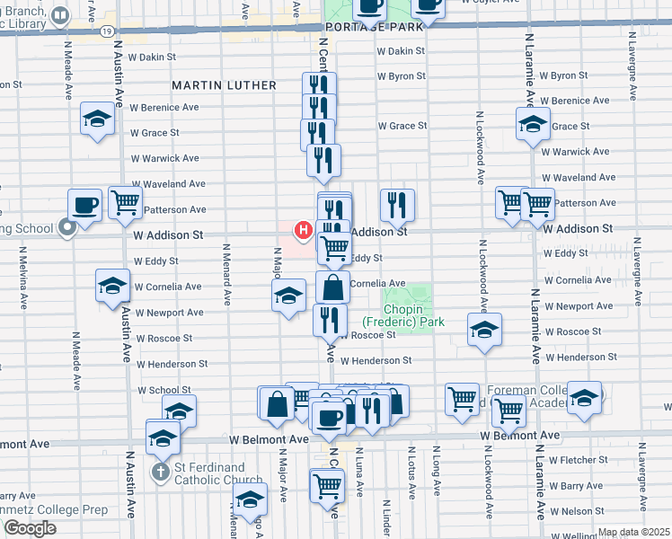 map of restaurants, bars, coffee shops, grocery stores, and more near 3513 North Central Avenue in Chicago