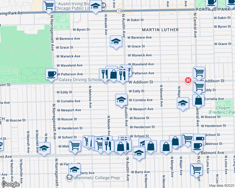 map of restaurants, bars, coffee shops, grocery stores, and more near 6015 West Eddy Street in Chicago