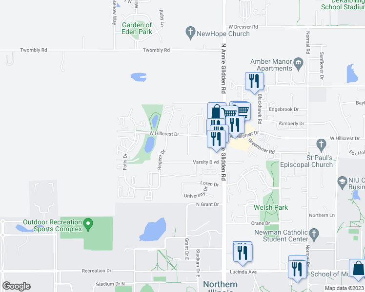 map of restaurants, bars, coffee shops, grocery stores, and more near 915 Spiros Court in DeKalb