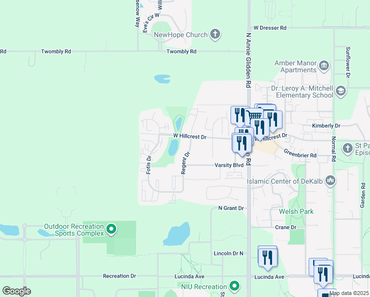 map of restaurants, bars, coffee shops, grocery stores, and more near 901 Regent Drive in DeKalb