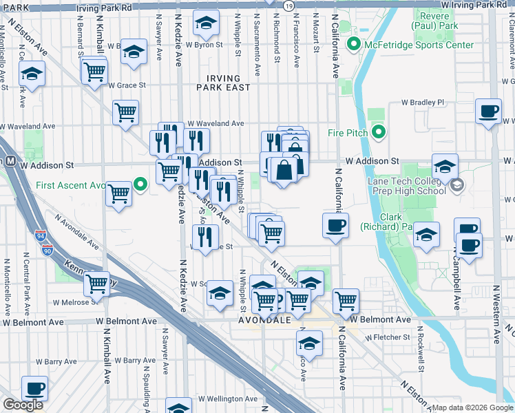 map of restaurants, bars, coffee shops, grocery stores, and more near 3015 West Cornelia Avenue in Chicago
