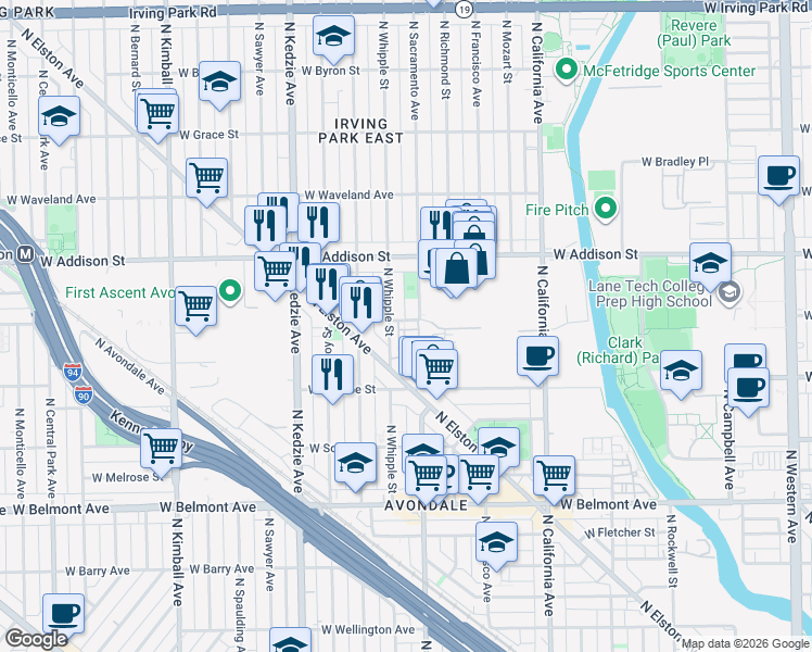 map of restaurants, bars, coffee shops, grocery stores, and more near 3015 West Cornelia Avenue in Chicago