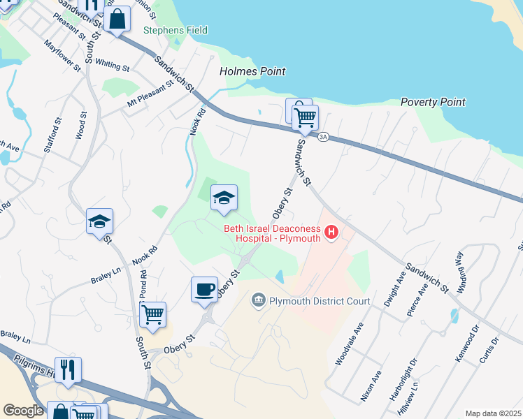 map of restaurants, bars, coffee shops, grocery stores, and more near 19 Obery Street in Plymouth