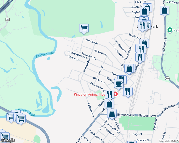 map of restaurants, bars, coffee shops, grocery stores, and more near 117 Madison Avenue in Kingston