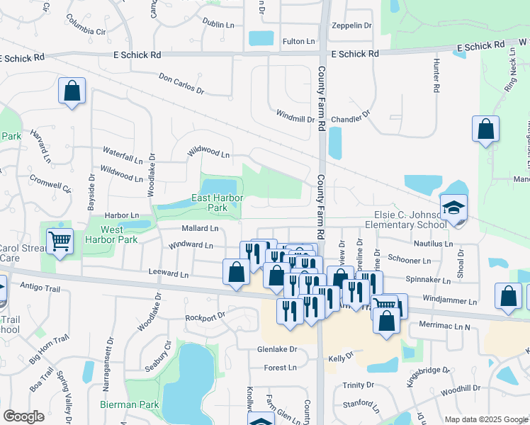 map of restaurants, bars, coffee shops, grocery stores, and more near 1889 Grosse Pointe Court in Hanover Park