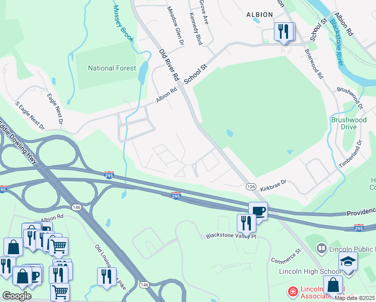 map of restaurants, bars, coffee shops, grocery stores, and more near 196 Old River Road in Lincoln
