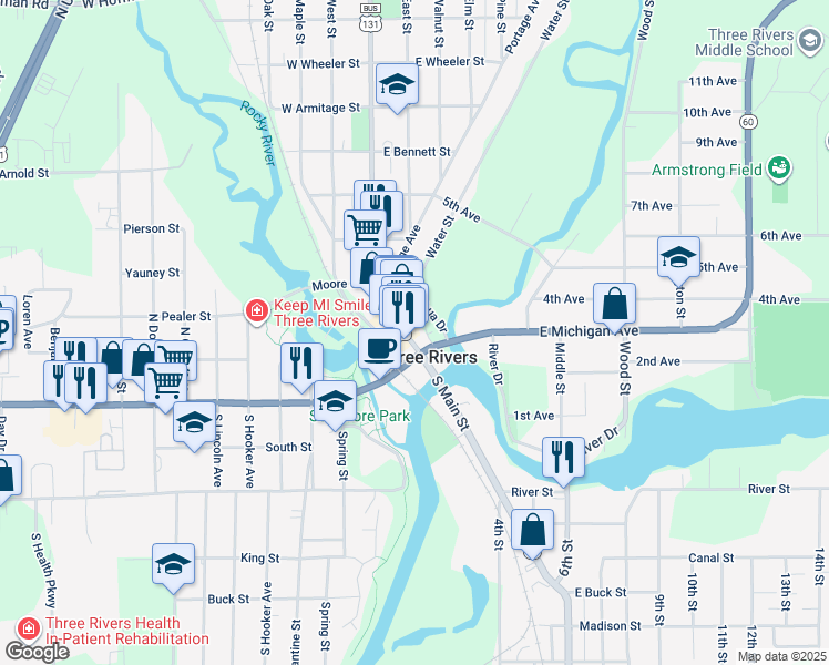 map of restaurants, bars, coffee shops, grocery stores, and more near 22 North Main Street in Three Rivers