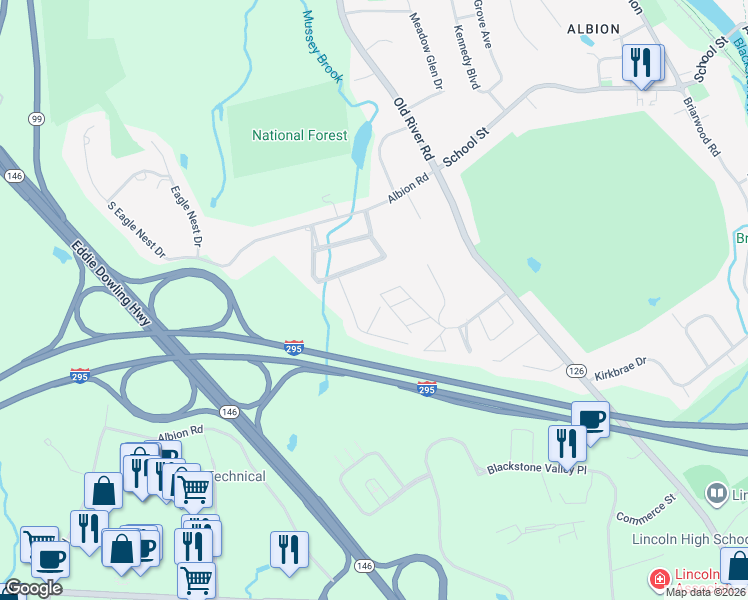 map of restaurants, bars, coffee shops, grocery stores, and more near 3 Glenview Drive in Lincoln