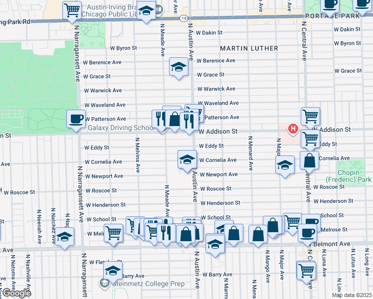 map of restaurants, bars, coffee shops, grocery stores, and more near 6015 West Eddy Street in Chicago