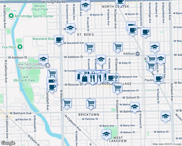 map of restaurants, bars, coffee shops, grocery stores, and more near 3444 North Hamilton Avenue in Chicago