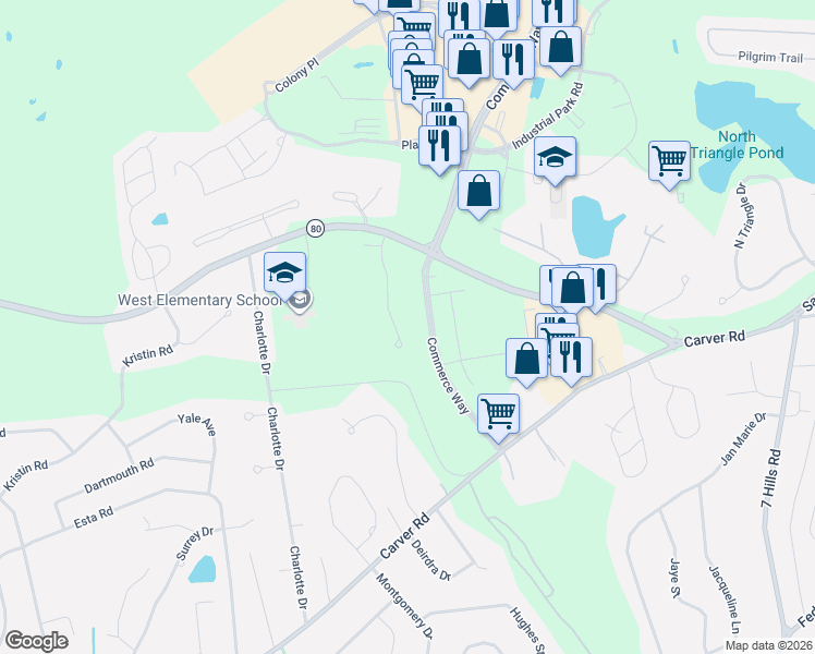 map of restaurants, bars, coffee shops, grocery stores, and more near 42 Jamie's Path in Plymouth