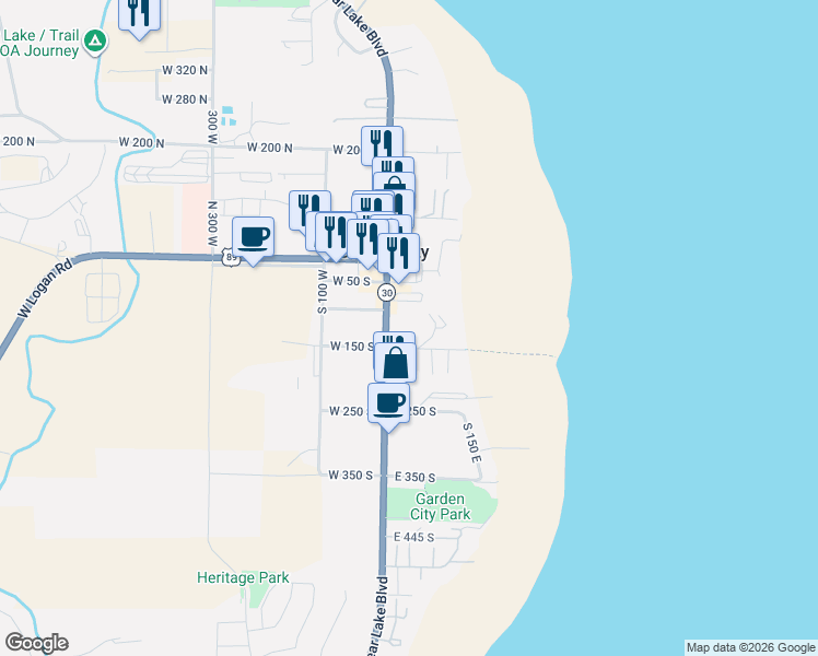 map of restaurants, bars, coffee shops, grocery stores, and more near 122 South Bear Lake Boulevard in Garden City