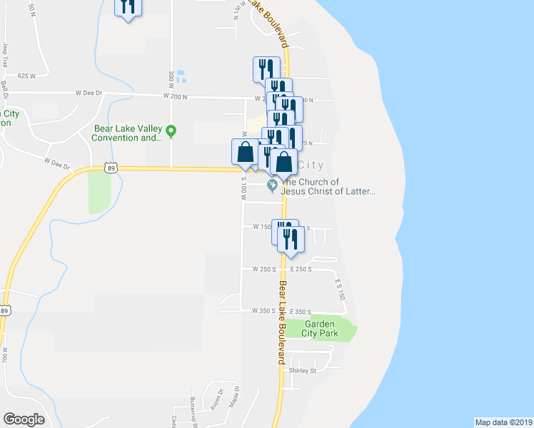 map of restaurants, bars, coffee shops, grocery stores, and more near 35 West 150 South in Garden City