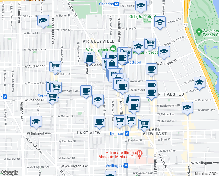 map of restaurants, bars, coffee shops, grocery stores, and more near 1042 West Newport Avenue in Chicago