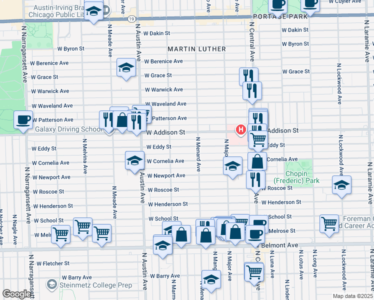 map of restaurants, bars, coffee shops, grocery stores, and more near 5821 West Eddy Street in Chicago