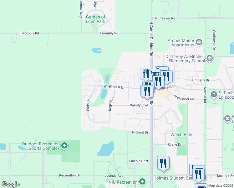 map of restaurants, bars, coffee shops, grocery stores, and more near 916 Regent Drive in DeKalb