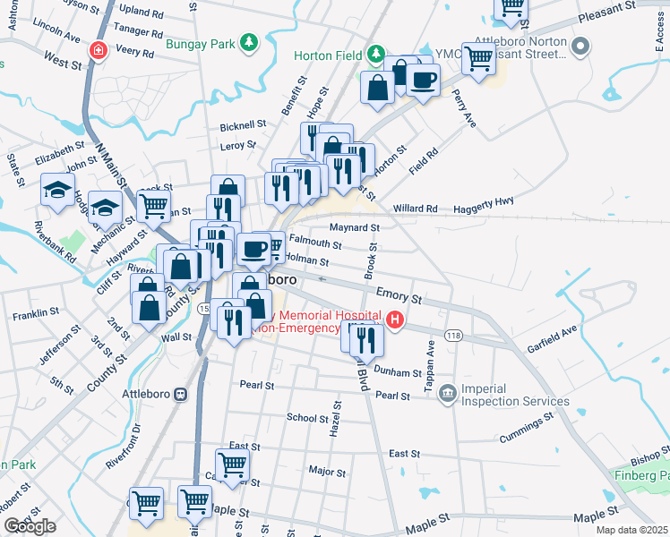 map of restaurants, bars, coffee shops, grocery stores, and more near 28 Emory Street in Attleboro