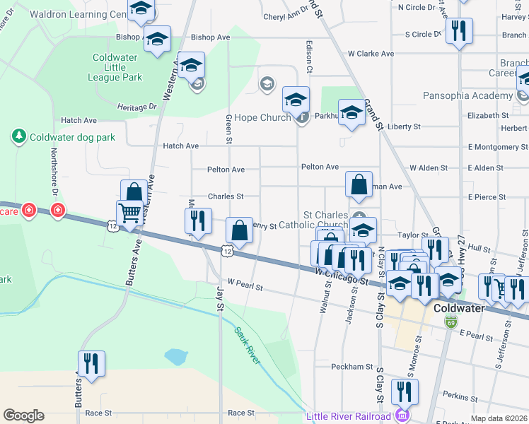 map of restaurants, bars, coffee shops, grocery stores, and more near 66 North Polk Street in Coldwater