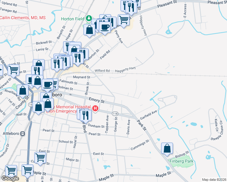 map of restaurants, bars, coffee shops, grocery stores, and more near 8 Eddy Street in Attleboro