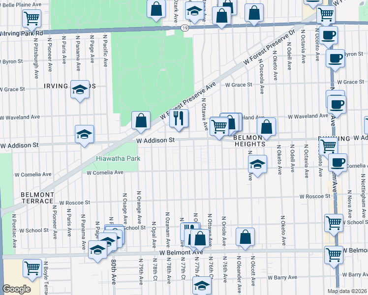 map of restaurants, bars, coffee shops, grocery stores, and more near 3544 North Ozark Avenue in Chicago