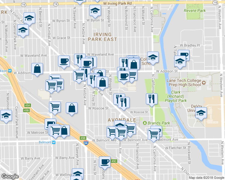 map of restaurants, bars, coffee shops, grocery stores, and more near 3015 West Cornelia Avenue in Chicago