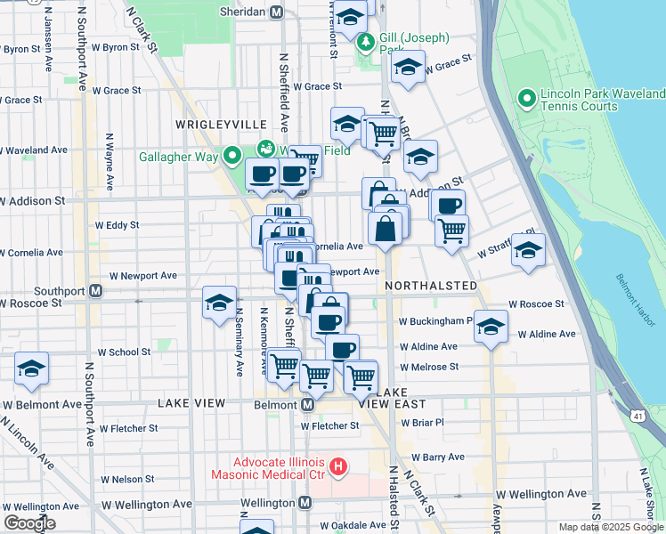 map of restaurants, bars, coffee shops, grocery stores, and more near 914 West Newport Avenue in Chicago